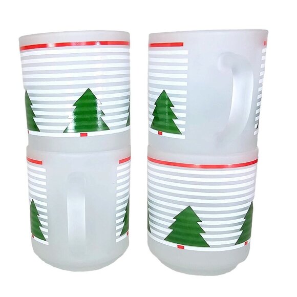 Christmas Tree Frosted Striped Mugs Luminarc Macy's Exclusive Set 4 w/Box 10oz - Picture 2 of 10